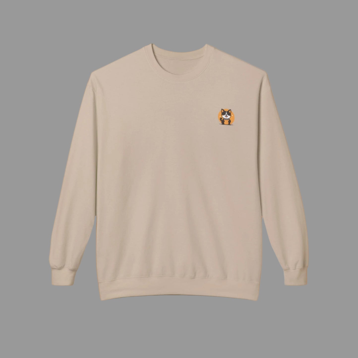 Beige sweatshirt with a small logo on the chest against a white background