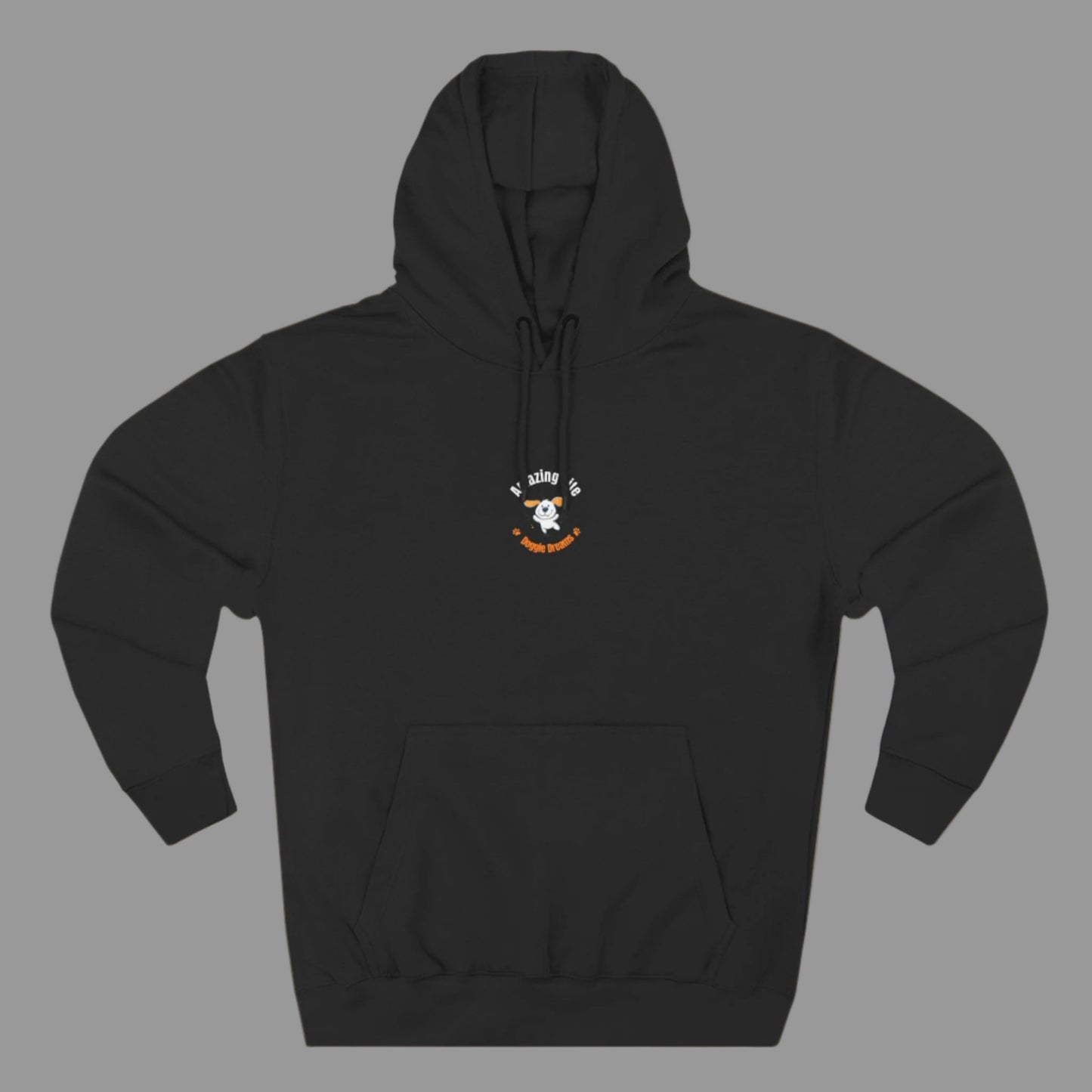 Black hoodie with a small logo on the chest against a white background