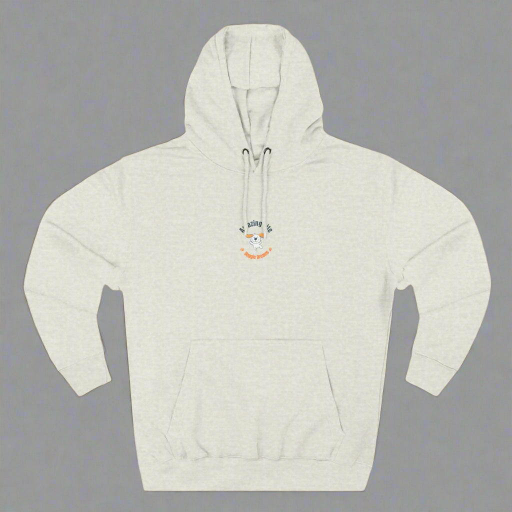 Gray hoodie with a logo on a white background
