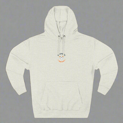 Gray hoodie with a logo on a white background