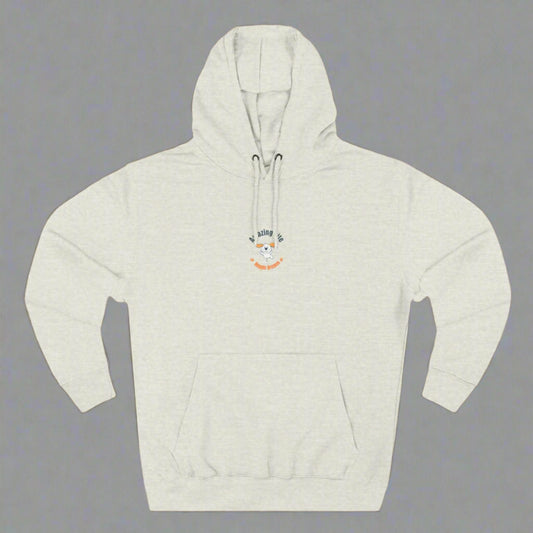 Gray hoodie with a logo on a white background