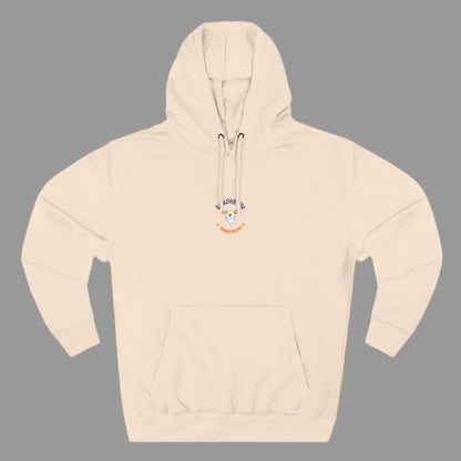 Beige hoodie with a logo on a white background