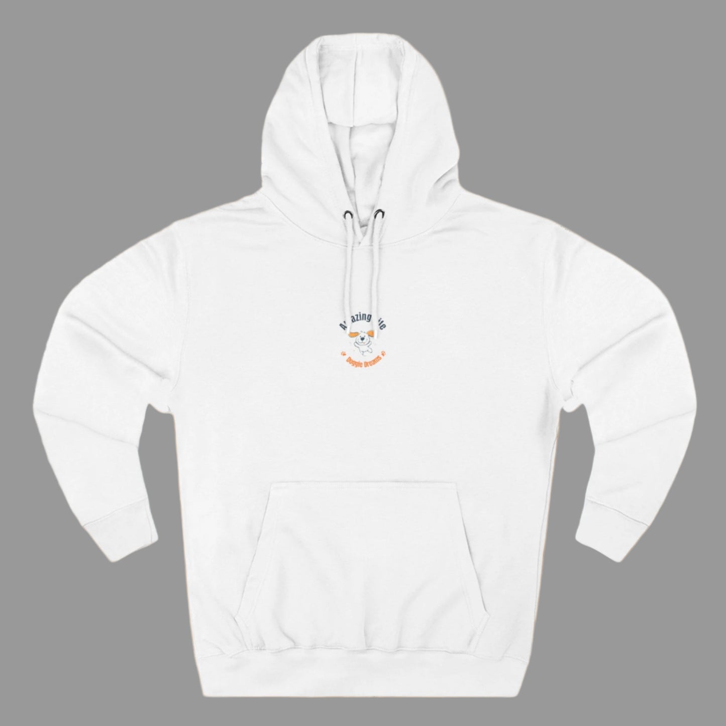 White hoodie with a small logo on a white background