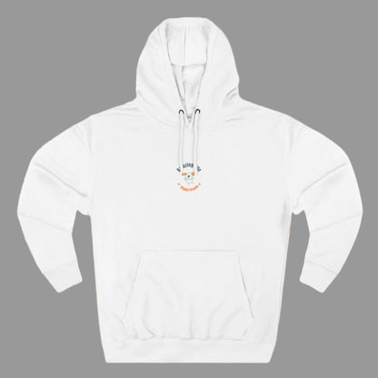 White hoodie with a small logo on a white background