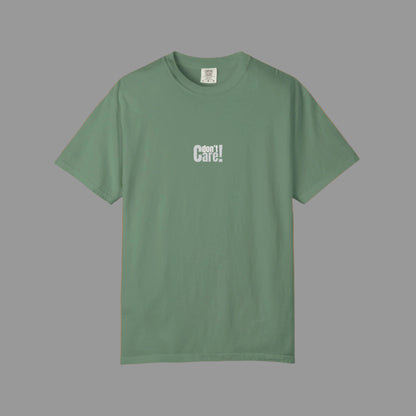 Green t-shirt with 'I don't care!' text on a white background
