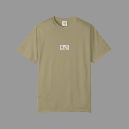 Beige t-shirt with 'I don't care!' text on a white background