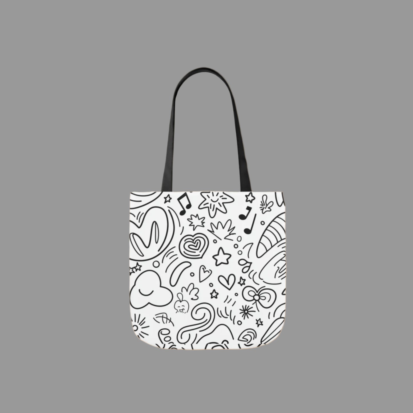 Shoulder  bag, weekend bag, sustainable bag, doodling, drawing, music note, heart, stencil, black and white ink