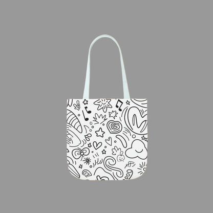 Shoulder  bag, weekend bag, sustainable bag, doodling, drawing, music note, heart, stencil, black and white ink