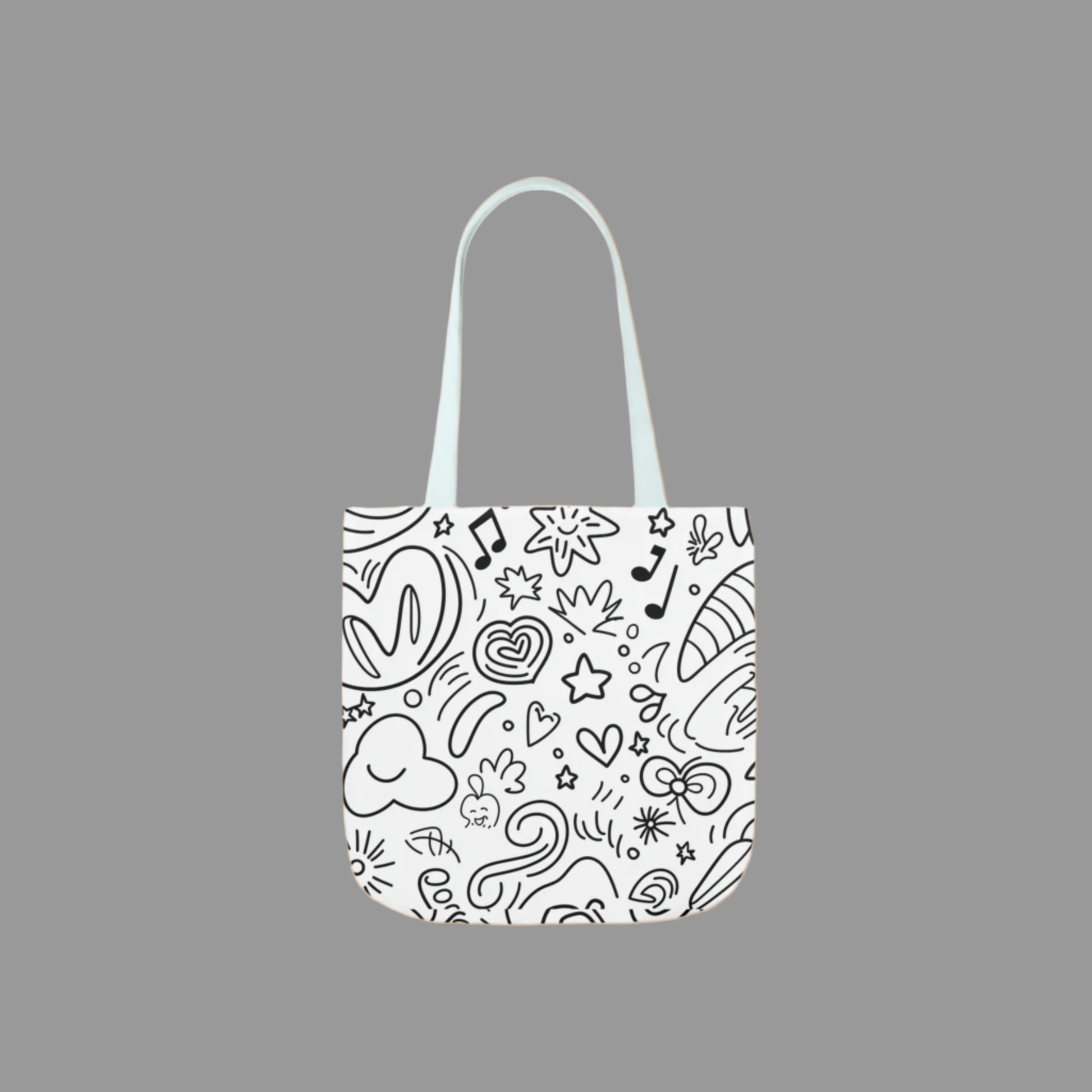 Shoulder  bag, weekend bag, sustainable bag, doodling, drawing, music note, heart, stencil, black and white ink