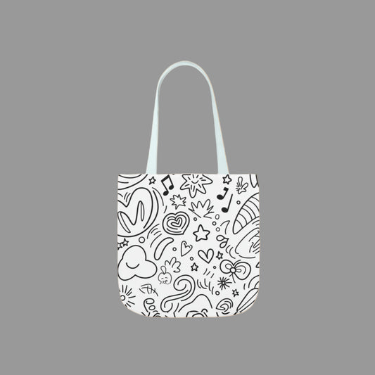 Shoulder  bag, weekend bag, sustainable bag, doodling, drawing, music note, heart, stencil, black and white ink