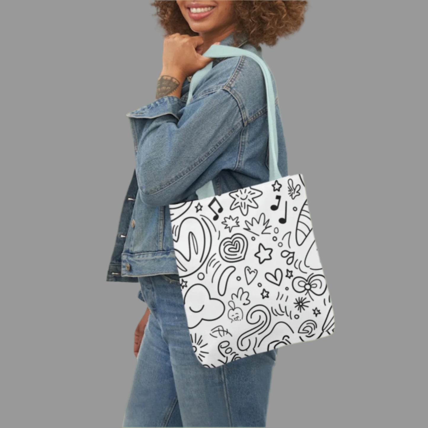 Shoulder  bag, weekend bag, sustainable bag, doodling, music note, heart, stencil, black and white ink