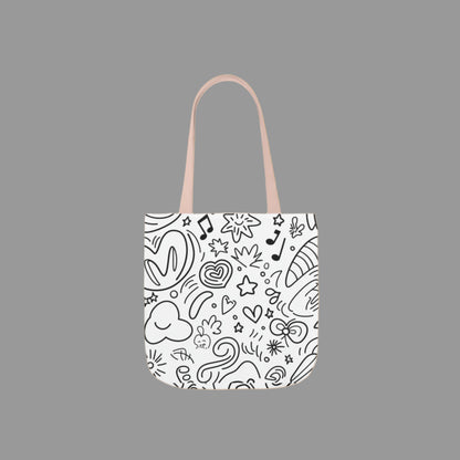 Shoulder  bag, weekend bag, sustainable bag, doodling, drawing, music note, heart, stencil, black and white ink