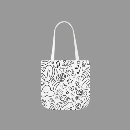 Shoulder  bag, weekend bag, sustainable bag, doodling, drawing, music note, heart, stencil, black and white ink
