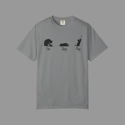 Gray t-shirt with black cat illustrations and text 'Eat Sleep Play' on a white background