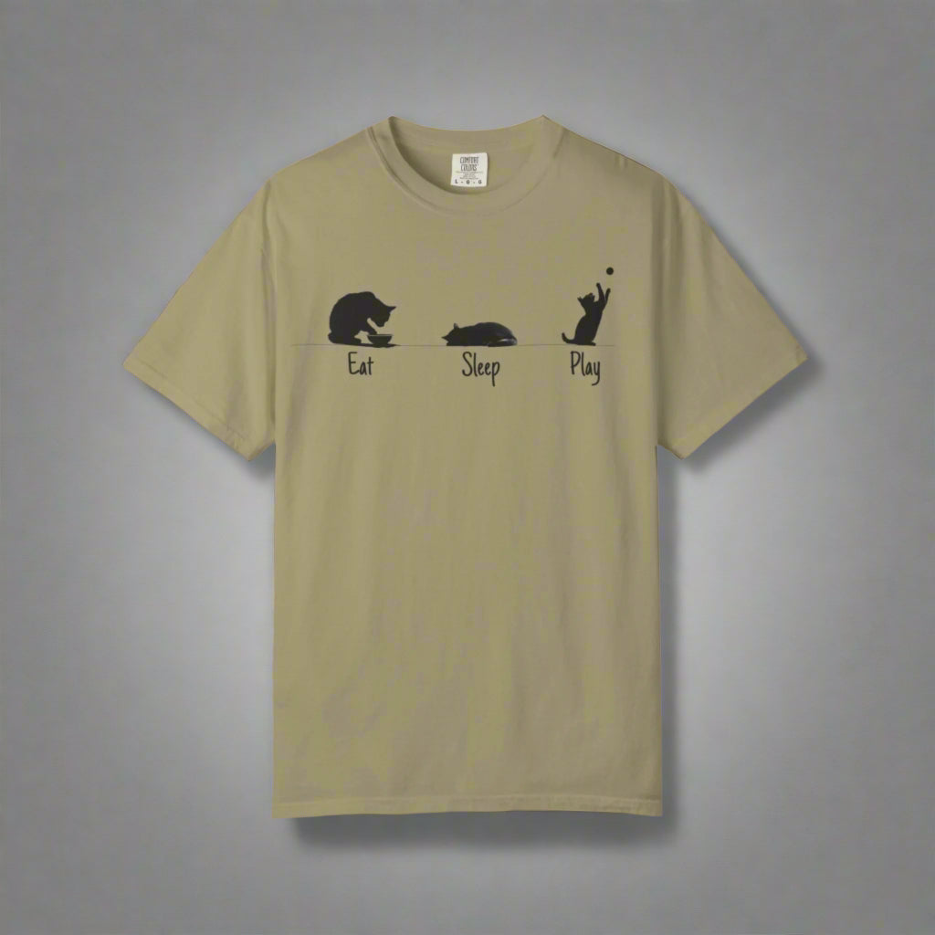 Beige t-shirt with black graphic of a bear and text 'Eat Sleep Play' on a white background