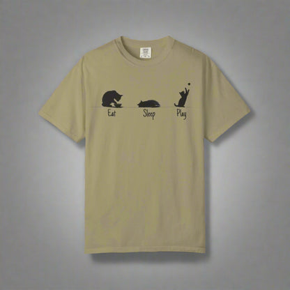 Beige t-shirt with black graphic of a bear and text 'Eat Sleep Play' on a white background