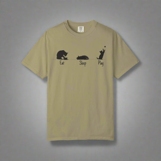 Beige t-shirt with black graphic of a bear and text 'Eat Sleep Play' on a white background