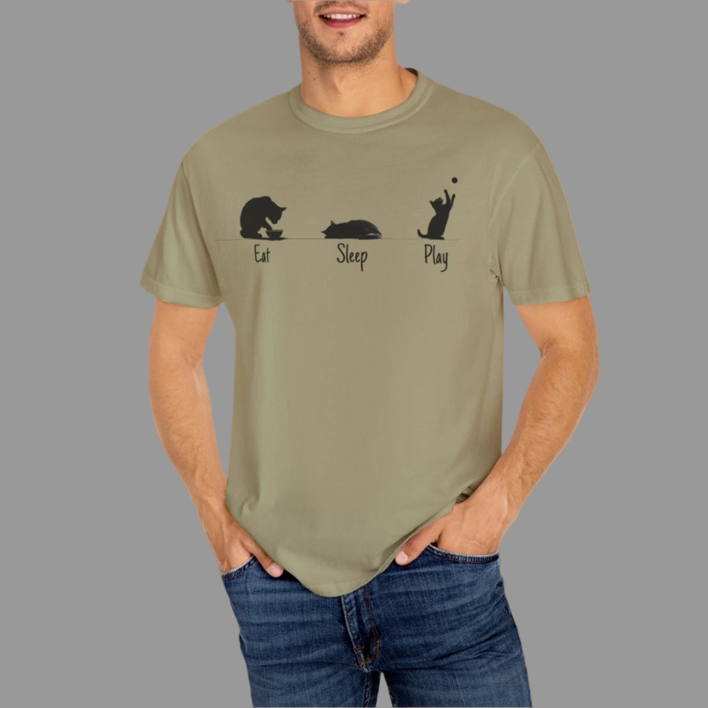 Man wearing a khaki t-shirt with bear illustrations and text on a white background