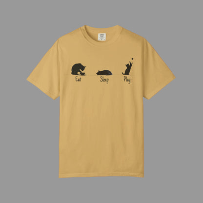 Yellow t-shirt with black cat illustrations and text on a white background