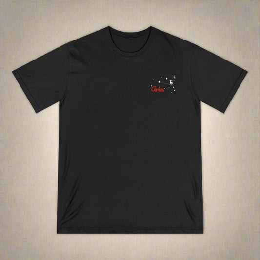 Black t-shirt with a small logo on the chest against a white background