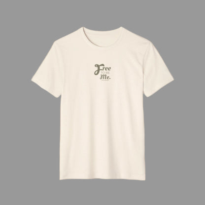 Beige t-shirt with 'Free to be Me' text on a white background