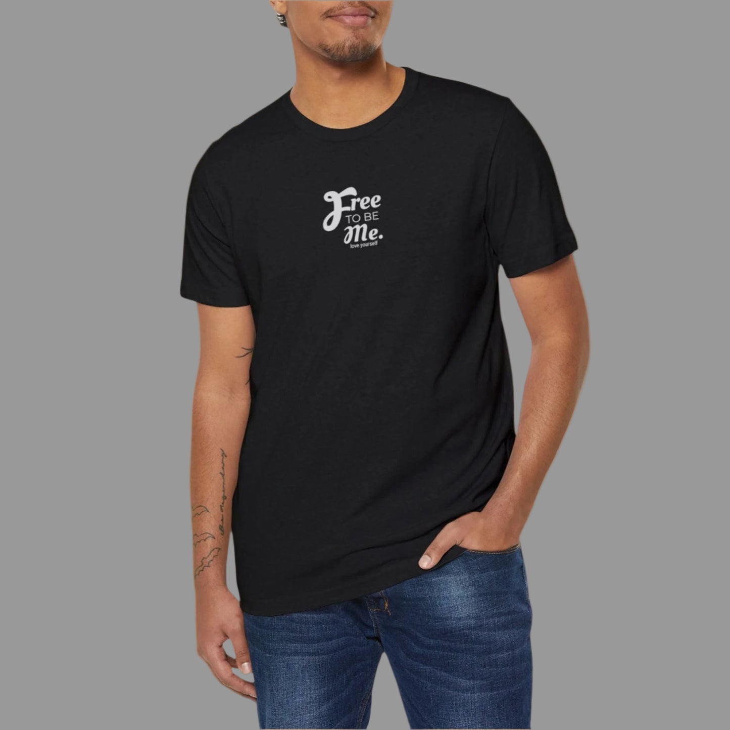 Man wearing a black t-shirt with text on a white background