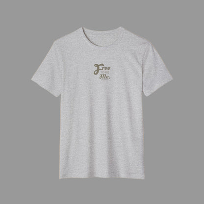 Gray t-shirt with 'Free Me' text on a white background