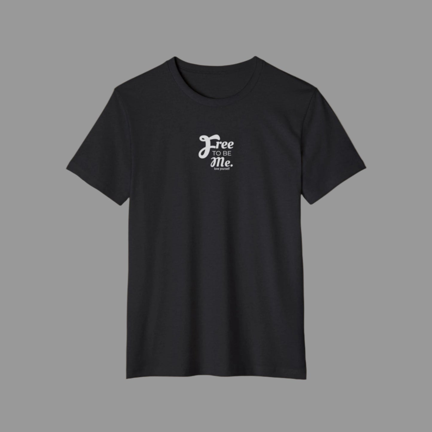 Black t-shirt with 'Free To Be Me' text on a white background