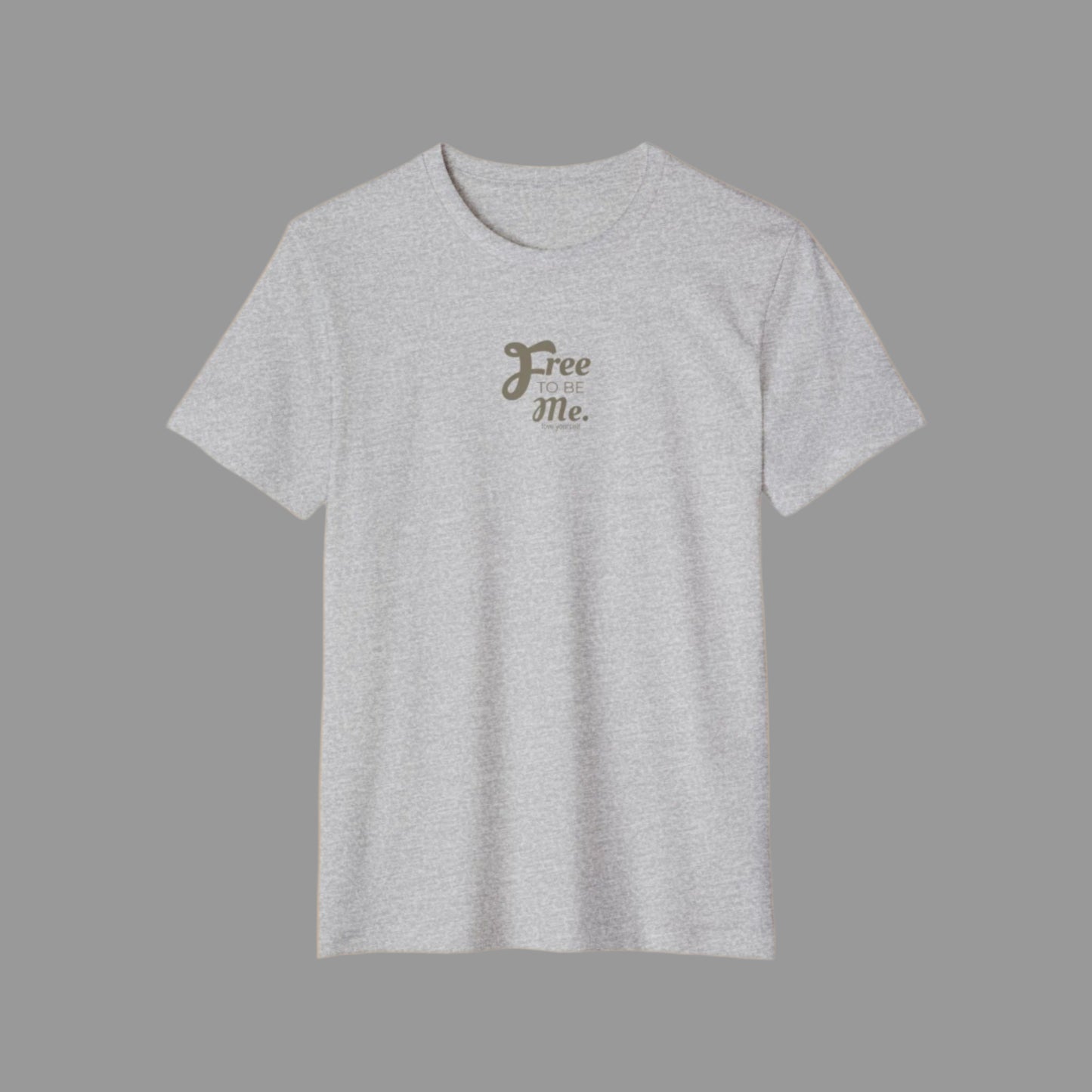 Gray t-shirt with 'Free Me' text on a white background