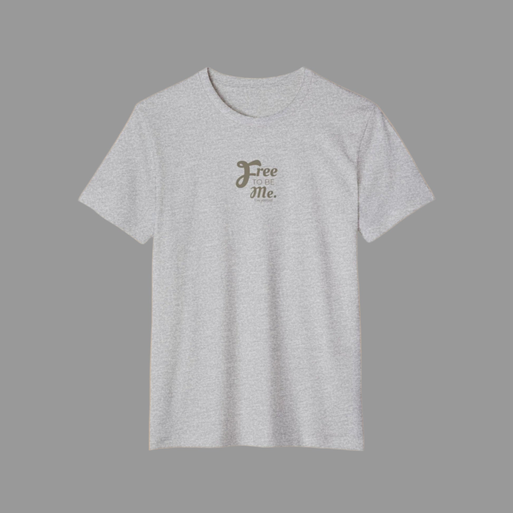 Gray t-shirt with 'Free Me' text on a white background