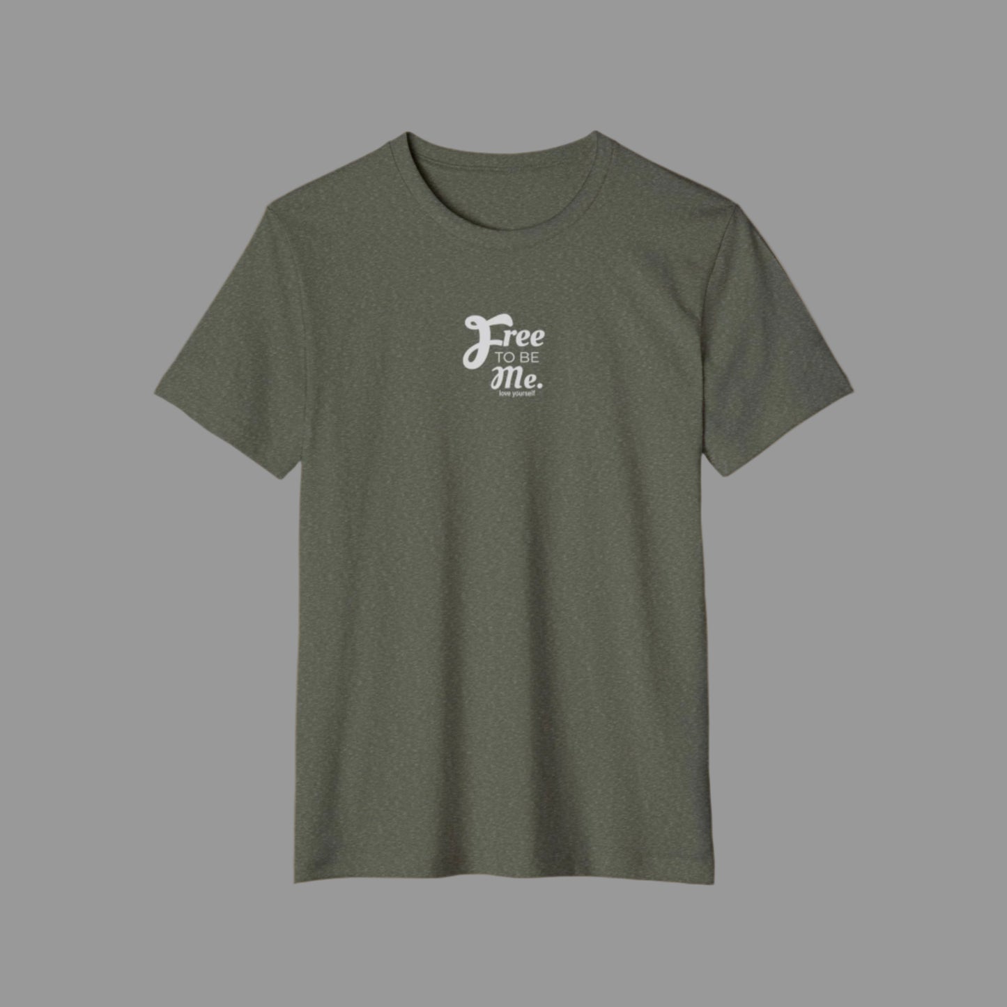Green t-shirt with 'Free to be Me' text on a white background