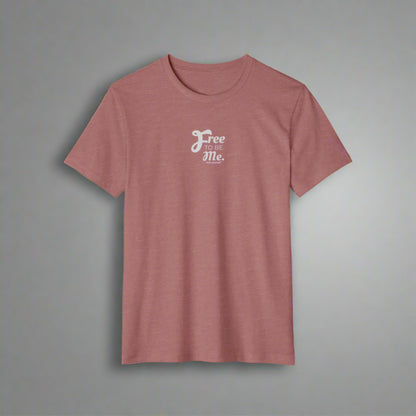 Mauve t-shirt with 'Free To Be Me' text on a white background
