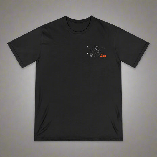 Black t-shirt with a small graphic design on a white background
