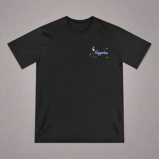 Black t-shirt with a small logo on the chest against a white background