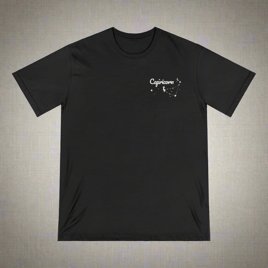 Black t-shirt with 'Capricorn' text on a white background
