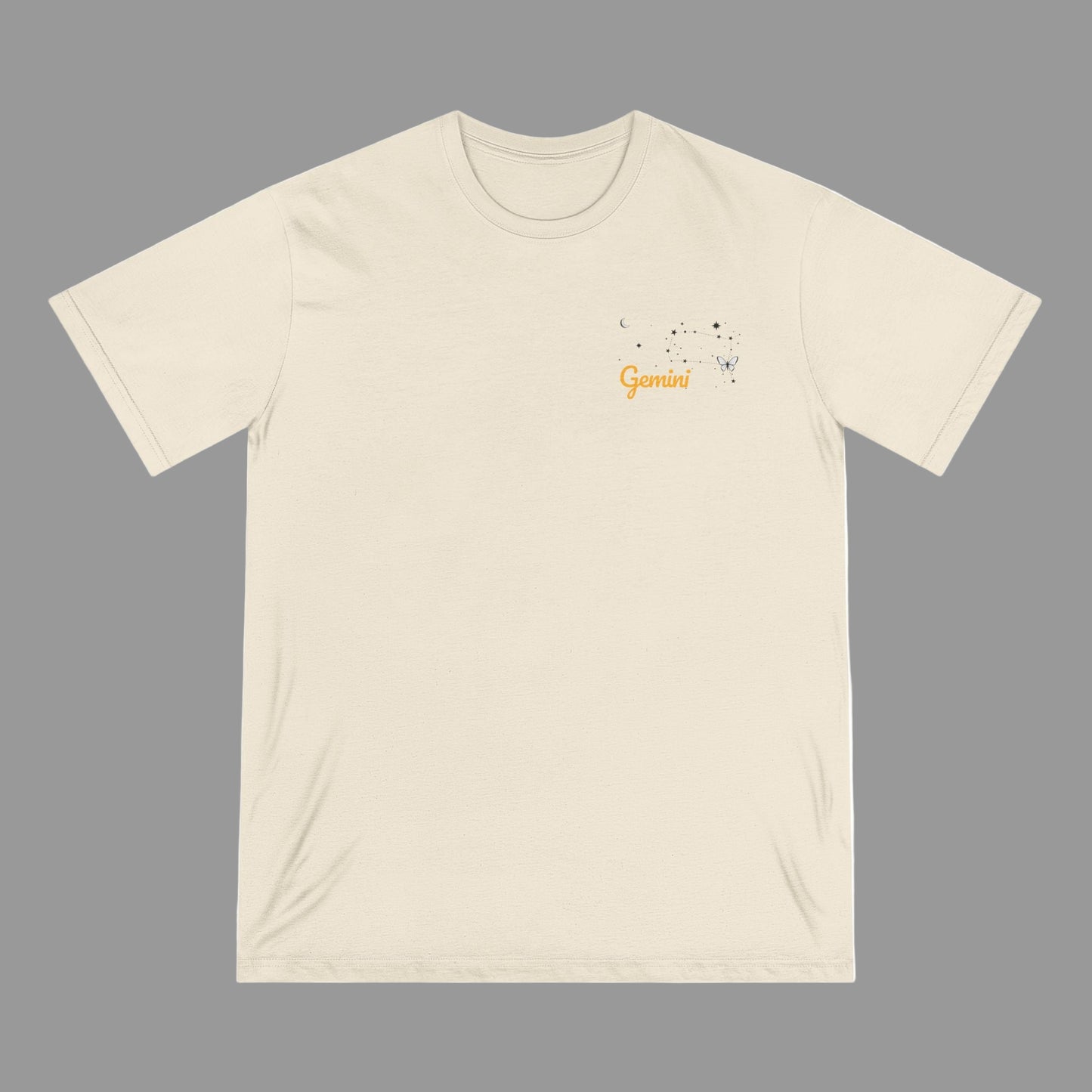 Beige t-shirt with a small graphic and text on a white background