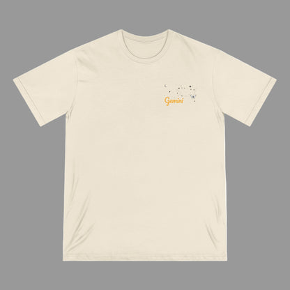 Beige t-shirt with a small graphic and text on a white background
