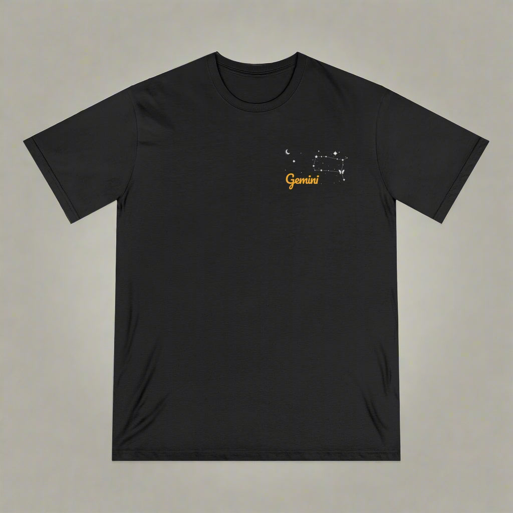 Black t-shirt with 'Gemini' design on a white background