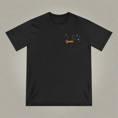 Black t-shirt with 'Gemini' design on a white background