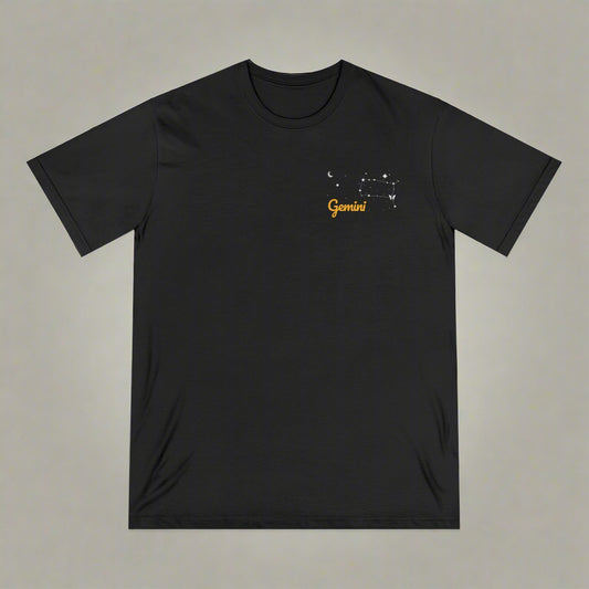 Black t-shirt with 'Gemini' design on a white background