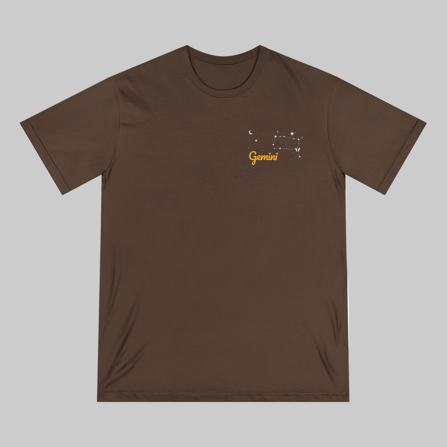 Brown t-shirt with 'Gemini' design on a white background