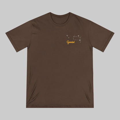 Brown t-shirt with 'Gemini' design on a white background
