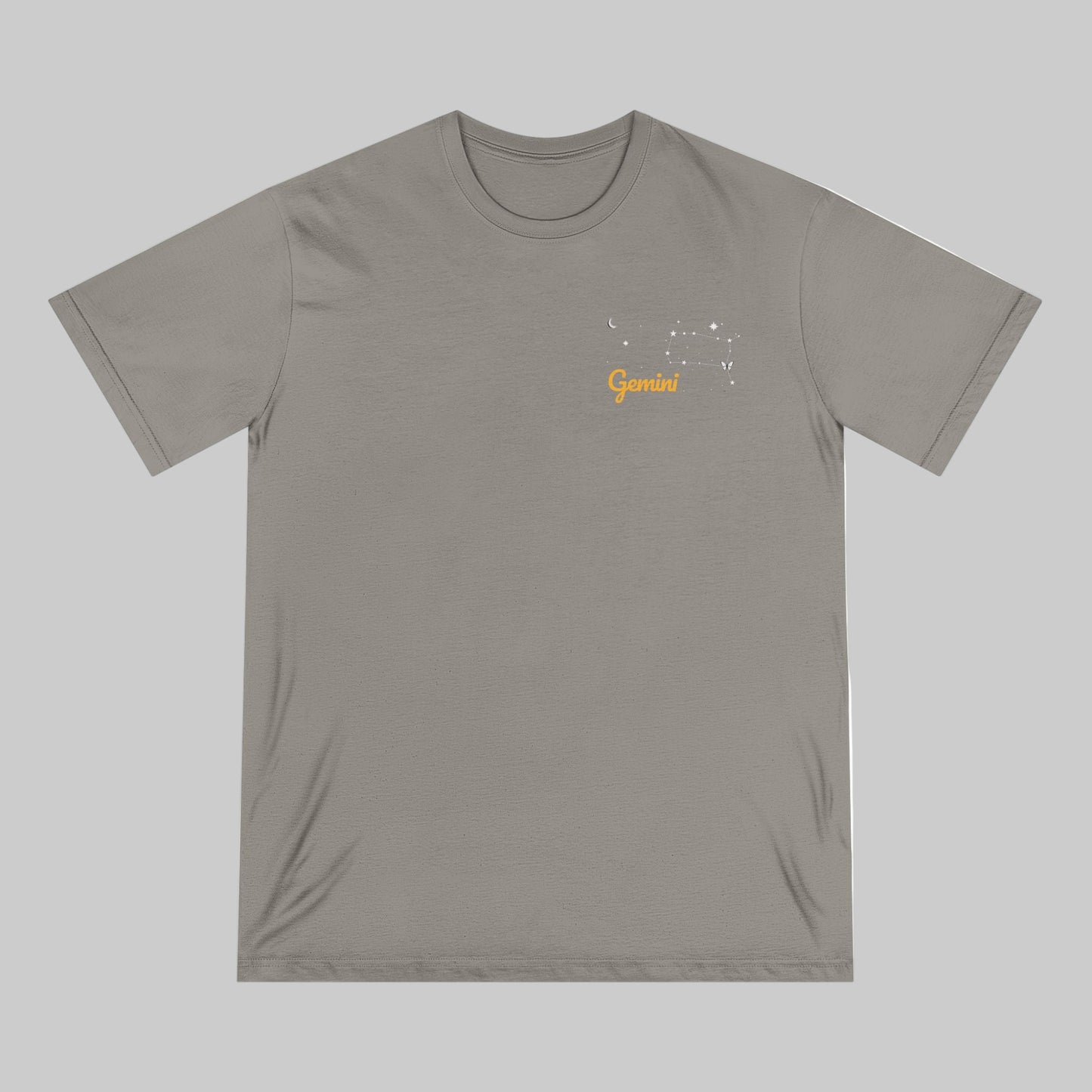 Gray t-shirt with a small graphic and text on a white background