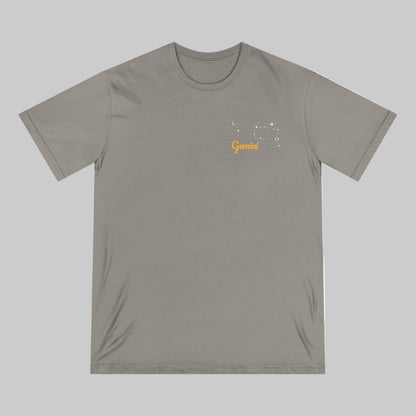 Gray t-shirt with a small graphic and text on a white background