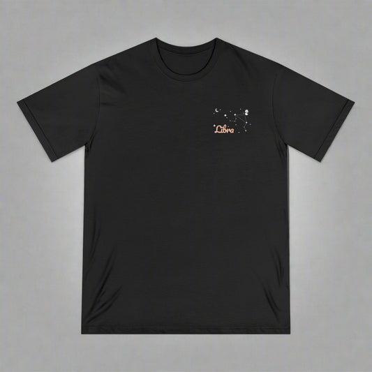 Black t-shirt with 'Libra' zodiac design on a white background