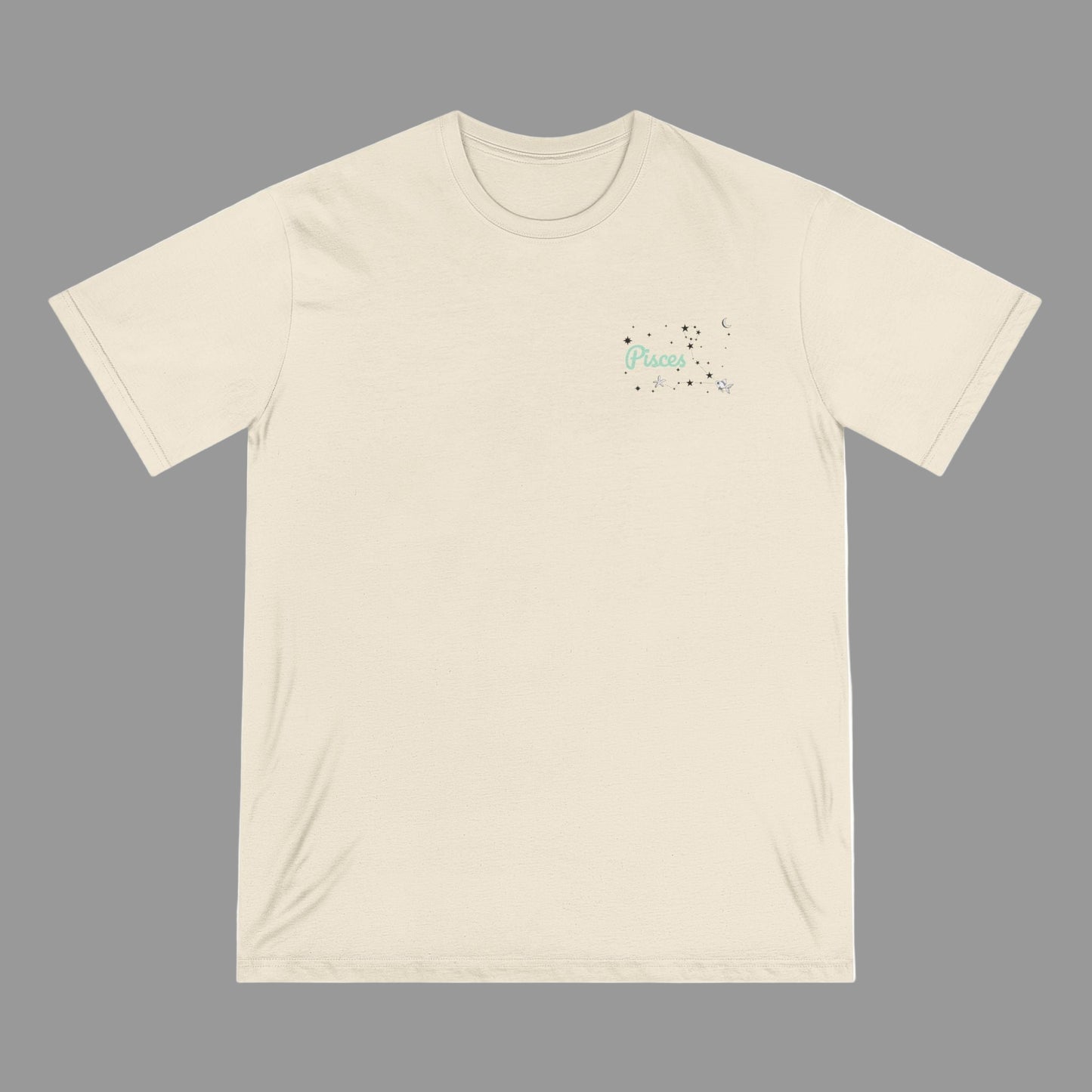 Beige t-shirt with a small graphic on a white background
