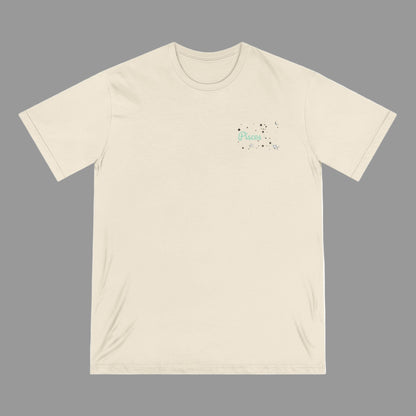 Beige t-shirt with a small graphic on a white background