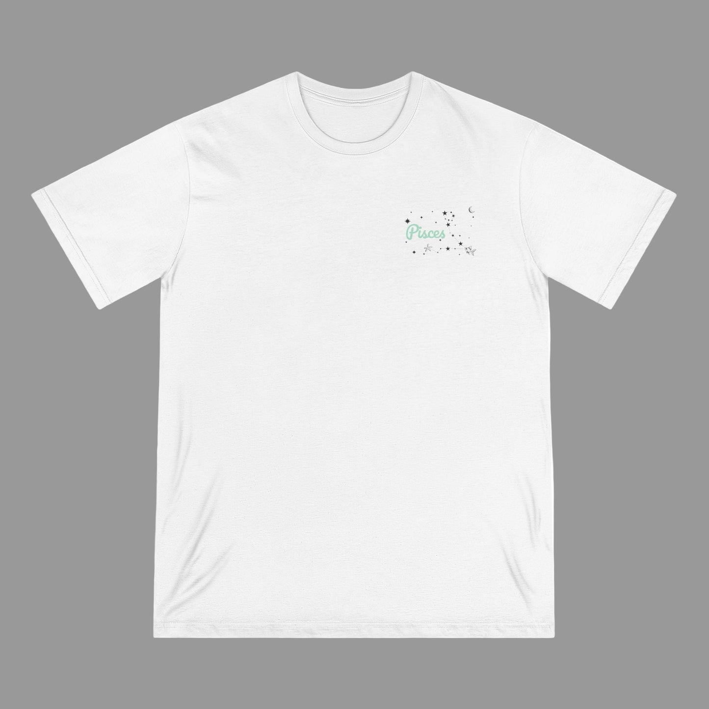 White t-shirt with a small green logo on a white background