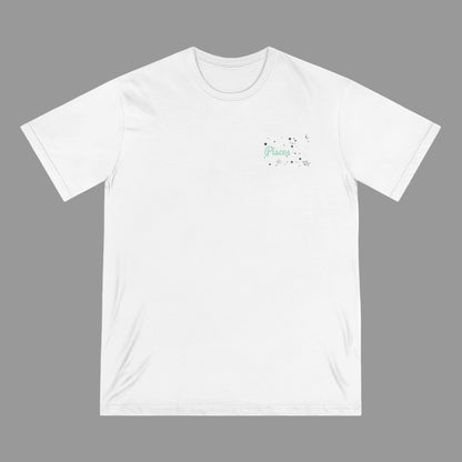 White t-shirt with a small green logo on a white background