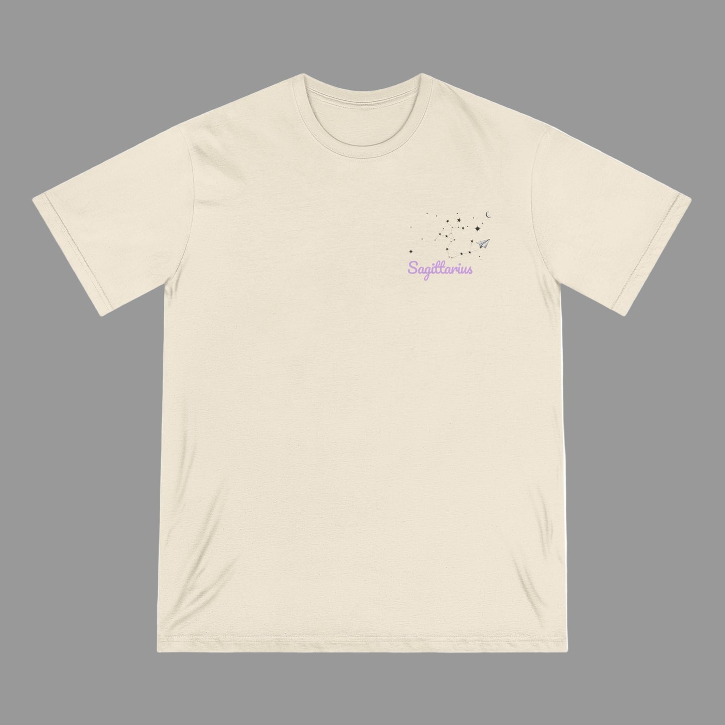 Beige t-shirt with 'Sagittarius' text and zodiac symbol on a white background